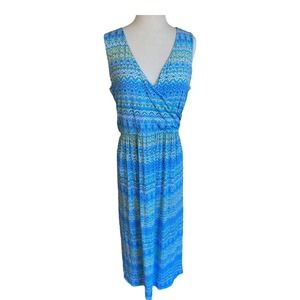 J JILL Surplice Aegean Island Ikat Maxi Sleeveless Dress Blue Green Size M